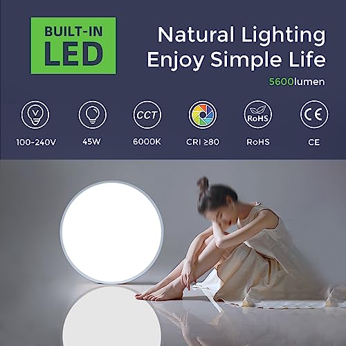 LightingWill 24 Inch LED Flush Mount Ceiling Light Fixture, 6000K Cool White, 5600LM, 45W, Flat Modern Round Lighting Fixture, 400W Equivalent White Ceiling Lamp for Kitchens, Bedrooms.etc.