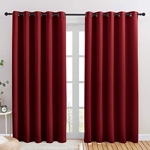 NICETOWN Christmas Burgundy Bedroom Curtains Blackout Draperies, Home Decorations Thermal Insulated Solid Grommet Blackout Drapes for Cafe (One Pair,