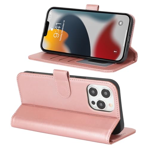 Image of for iPhone 13 Pro Case Wallet with Card Holder,for iPhone 13 Pro Wallet Case for Women Men,PU Leather Shockproof Magnetic Buckle Stand Flip Phone Case-Rose Gold