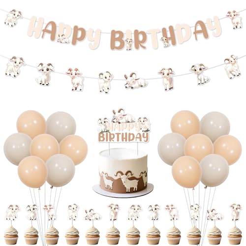SHADOAMP Goat Birthday Party Decorations, Goat Theme Happy Birthday Banner Garland Sheep Themed Cake Cupcake Topper Latex Balloon for Farm Animal Sheep Themed Bday Party Decorations Supplies