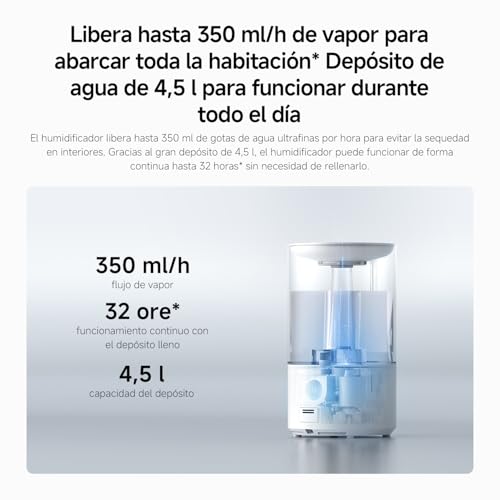Miniatura 6 de Xiaomi Smart Humidifier 2 - Capacidad Del Depósito De 4,5 L, Libera Hasta 350 Ml De Vapor Por Hora, Modo Automático, Control De La Humedad Con Un Solo Toque, Blanco Versión Es 3 Años De Garantía
