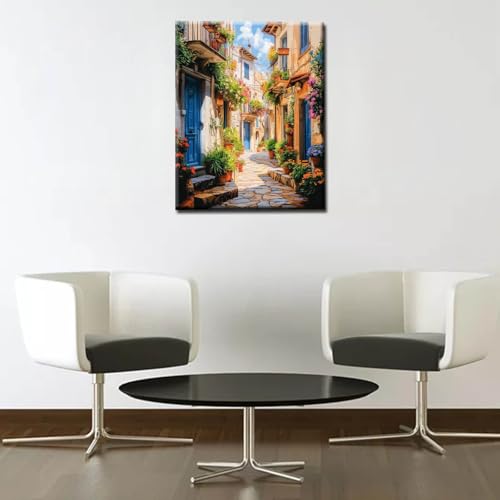Image of Tucocoo Sunlight Scenery Paint by Number for Adults on Canvas Acrylic Pigment Brushes Clouds DIY Oil Painting Kits for Kids Beginner Italy Street Home Wall Decor for Living Room16x20inch Frameless