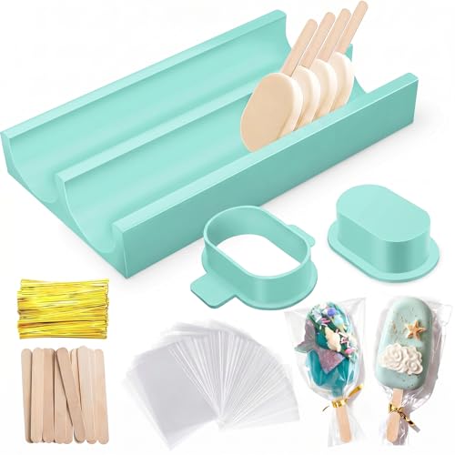 3 Inch Cakesicle Cutter Cake Pop Mold with 8.7in Tray Cakesicle Mold with 100 Wooden Sticks & 100 Packaging Bags with Ties Cake Pop Cutter Baking Cutter Molds Set for Home Birthday Parties