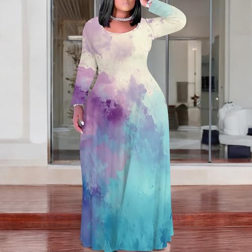 Image of PinkPatty Plus Size Maxi Dress for Curvy Women Crew Neck Long Sleeves Casual Dress Vacation Sundresses with Pockets
