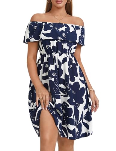 Image of Womens Off Shoulder Ruffle Floral Wedding Guest Dresses A Line Shift Short Skater Dress