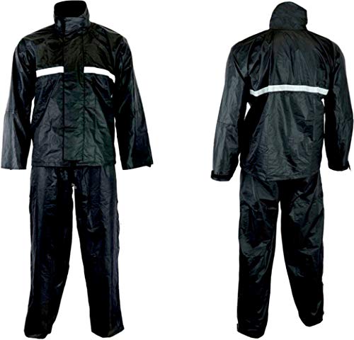 2 PIECE WATERPROOF MOTORBIKE MOTORCYCLE MOTOCROSS REFLECTIVE BLACK RAINSUIT OVERSUIT JACKET TROUSER RAIN SUIT OVER SUIT (M)