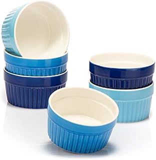 COM-FOUR® 6x Ceramik ramekins for cooking - Ovenproof soufflé dishes - Creme brulee ceramic bowls 200 ml - Ramekins in different shades of blue