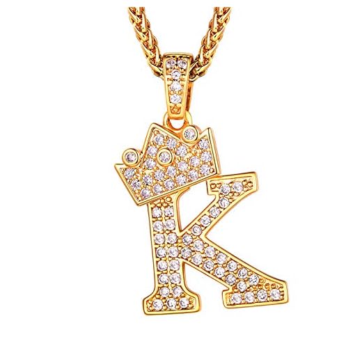 Iced Out, 26 engelska bokstäver, halsband med hänge, krona/minimalist, stora bokstäver för män/kvinnor, anpassningsbart, 18K guldpläterad, hel kubisk Zirconia, alfabetet A-Z, smycken, bling, halsband med initialer (presentask) e Design 01. Första kronan, colore: 11. Bokstav K, cod. RP20012K-REU