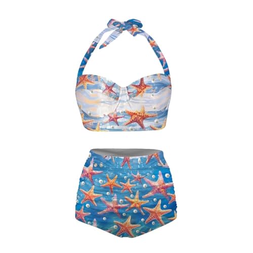 YEXIATODO Thong Bathing Suit for Women Two-Piece Swimsuit V-Neck Starfish Pearl Bikini Swimsuit Tummy Control Top with Bottom Suitable for Swimming,Pool Parties,Tennis S