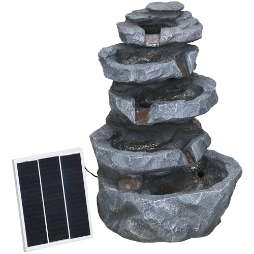 Outsunny Fontaine de Jardin à énergie Solaire Roche en Cascade à 5 Niveaux en résine avec lumières LED et Pompe dim. 38L x 31l x 55H cm Gris