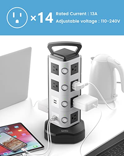 Surge Protector Power Strip Tower, Superdanny 3000W 4.2A With 4 Usb Prots 14 Outlets, 6.5Ft Extension Cord Desktop Charging Station 900 Joules, 3-Prong, Grounded, Multiple Protections For Home, Office #TOP1