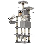 Feandrea Cat Tree, 206 cm Large Cat Tower Condo with 13 Scratching Posts, 1 Scratching Ramp, 2 Perches, 2 Caves, Basket, Hammock, Pompoms, Light Grey PCT190W01V1