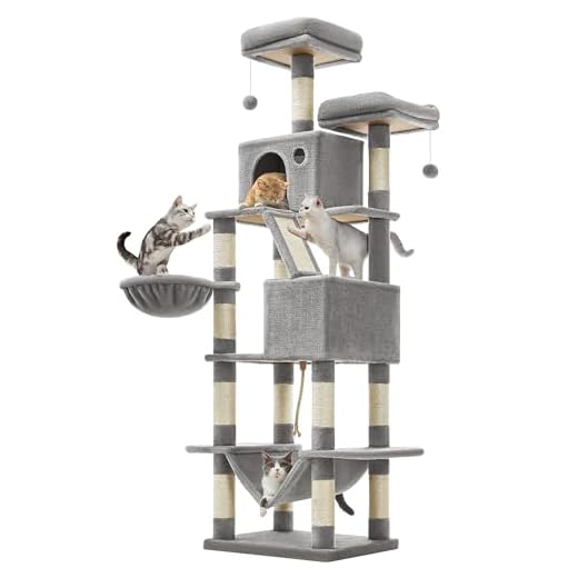 Feandrea Kratzbaum groß, 206 cm hoch, XXL Katzenbaum, mit 13 Kratzsäulen, 2 Plattformen, 2 Höhlen, Korb, Hängematte, Plüschbälle, mehrstöckiger Katzenkratzbaum, hellgrau PCT190W01