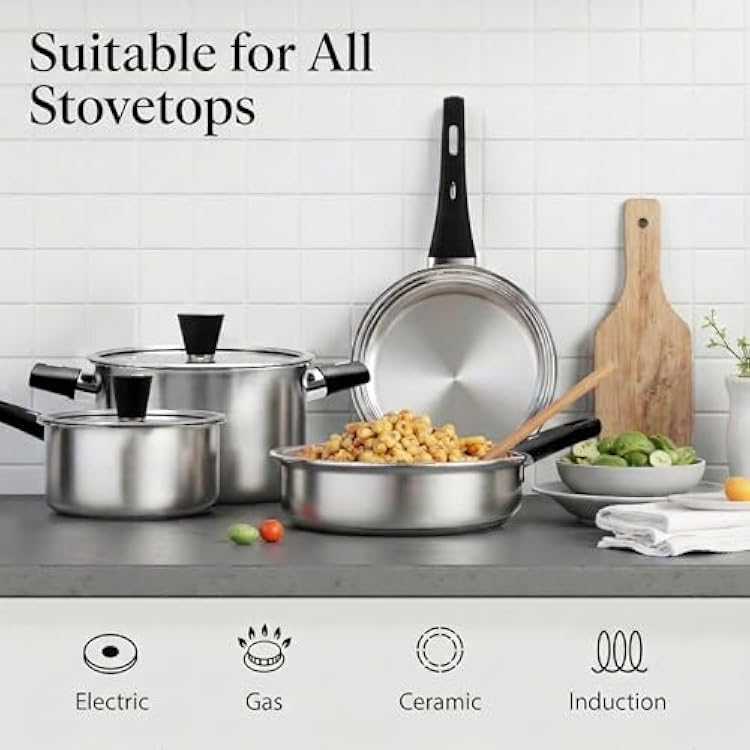 Meythway Stainless Steel Pots and Pans Set Non Toxic, 6PCs Kitchen Cookware Sets with Stay-Cool Handles, Dishwasher Safe&Compatible with All Stovetops(Gas,Electric&Induction)