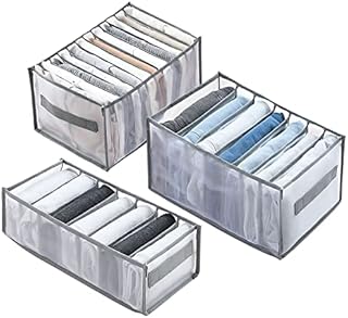 hicoosee Foldable Clothes Storage Organisers, 3 PCS Premium Thickened Clothes Drawer Organisers Visible Grid Closet Drawer Divider for Jeans, Underwear, Socks, Leggings, T-shirts, S+M+L, Grey