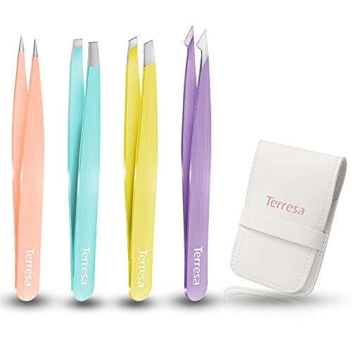 Professional Tweezers for Eyebrows, 4 Pack Stainless Steel Tweezers for Ingrown Hair Removal, Precision Brow Tweezers for Women & Girls, Plucking Daily Beauty Tool with Leather Travel Case