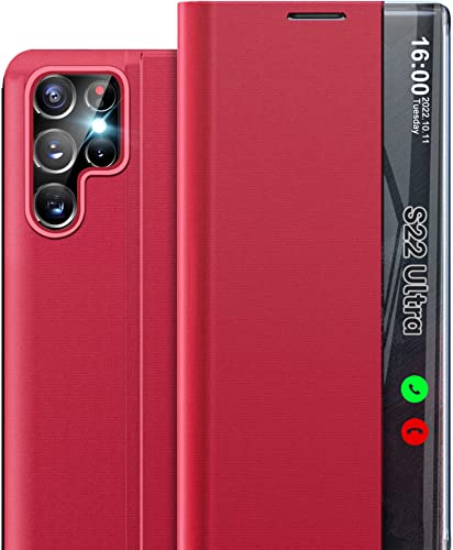 Coque Samsung S22 Ultra 5G antichoc rouge avec rabat miroir translucide