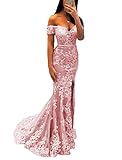 HUINI Abendkleid Lang Meerjungfrau Ballkleid mit Schlitz Spitzen Brautkleid Standesamt Rosa 42