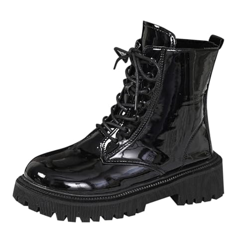Bottines Femme en Cuir Verni à Lacets Plates Bout Rond Bottes Courtes Elegant Fermeture Éclair Semelle Chunky Antidérapante Légères Tendances Bottines...