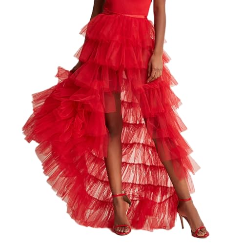 HzDazrl Falda larga de tul para mujer, sexy, de malla transparente, cintura alta, irregular, falda larga irregular, para cóctel, fiesta, club, falda dividida, Falda alta y baja roja, Talla única
