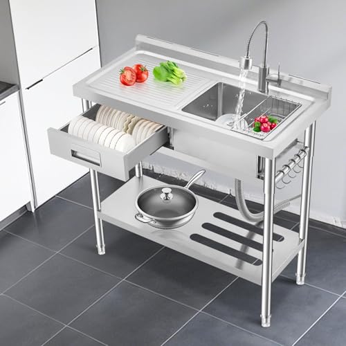 Freestanding Utility Kitchen Sink with Single Bowl, Commercial Stainless Steel Sink Set with Left Drawer and Workbench, Cold &Hot Water Pipe, Adjustable Shelf, for Laundry Farmhouse, 39.5x19.5x38.5" by MilleLoom - Used condition - Image 7