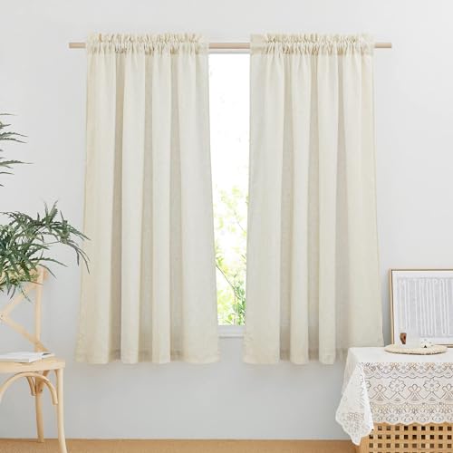 NICETOWN Flax Linen Blend Curtains & Drapes for Bedroom, Rod Pocket Semi Sheer Curtain Drapes Privacy Assured Casual & Rustic Light Reducing for Living Room (Off White, W55 x L63, 2 Panels)