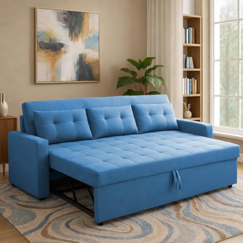 Image of Casaliving Treshta 3 Seater Pull-Out Premium Fabric Sofa Cum Bed Sofa Set for Living Room (Turquise Fabric Color) Premium Fabric Sofa Set for Living Room Sofa Cum Bed