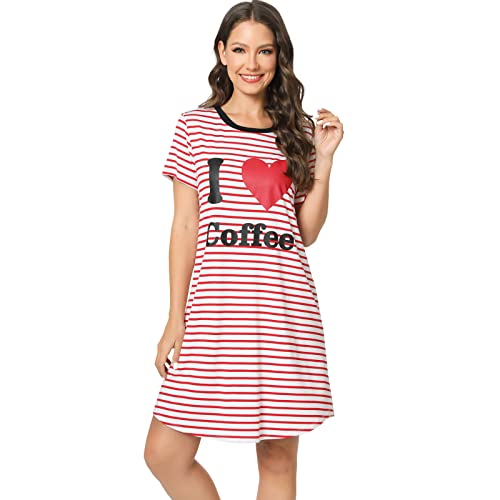 Lazycozy Womens Nightgown Striped Tee Short Sleeve Nightshirt Printed Cute Sleep Shirts Soft Sleepwear, Red Stripe, Small #TOP19