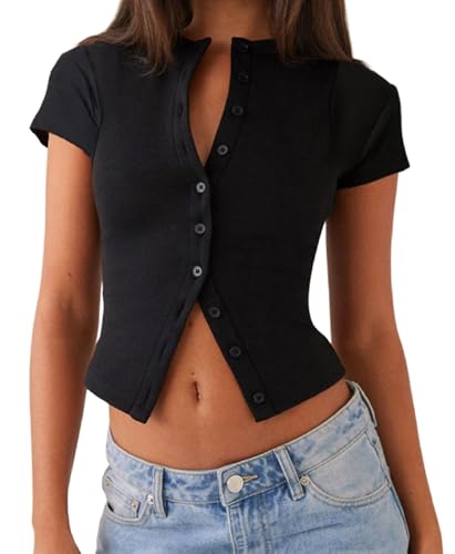 Women Button Down Short Sleeve Crop Top Ribbed Knit Open