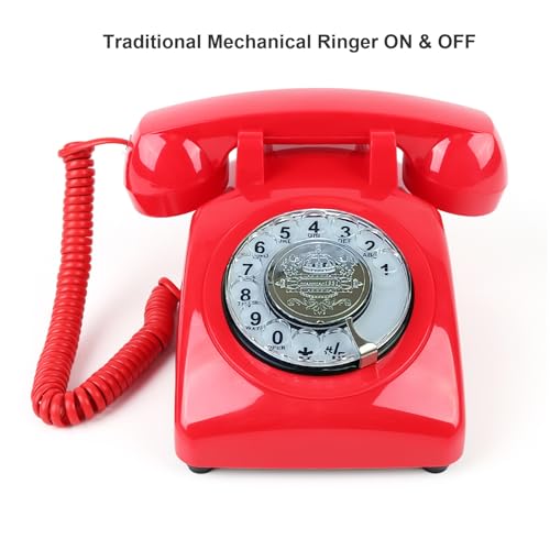 Image of TelPal Red Retro Phone, Corded Antique Telephone Vintage Landline Phone with Old Fashioned Rotary Dial Keypad, Decorative Classic 80s Desk Phone for Home,Office, Hotel, School & Gift