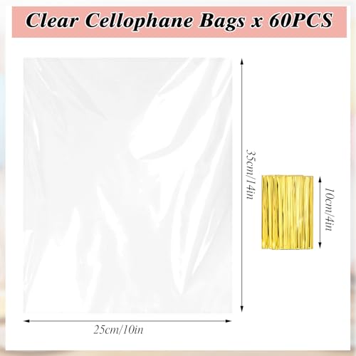 Image of woric 60PCS Clear Gift Bags 10 x 14 Inch Cellophane Wrap Bag | Goodie Bags Treat Bags for Cookies Candy Halloween Birthday Party Favors Baby Shower Bakery (with 60 Twist Ties)
