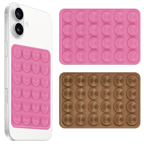 Image of amazon basics Suction Phone Case Anti-Slip Silicone Multipurpose Hands-Free Sticky Pads for Phone Case Mount for Selfies Videos Mirror Shower Car Dashboard - Pink&Brown (Pack of 2)