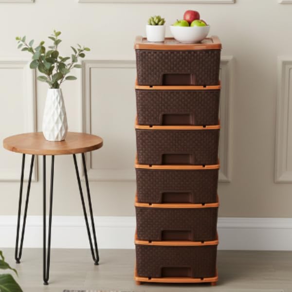 Image of Plastic Modular Drawer Storage Chest Of Drawers Organizer Storage Box, Large Stomo Racks For Multipurpose Anti-slip Shoes Organizers (Brown, 6 Layer)