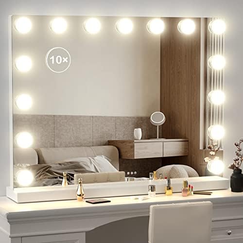 Gvnkvn 22.8 x 18.2 Vanity Mirror with Lights, Vanity Tabletop Hollyhood Makeup Mirror, Hollywood Lighted Mirror with 15 Dimmable LED Bulbs,3 Colors Modes,Touch Control,Metal Frame,White
