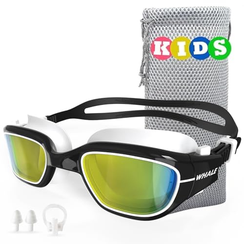 Whale Kids Swim Goggles Wear Comfortable UV400 Antifog Polarized Swimming Goggles Suitable for ages 3-14 (Black)