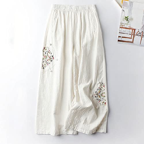 Womens Wide Leg Boho Pants Trouser Floral Embroidered Palazzo Pants High Waist Cotton Linen Yoga Beach Pants Summer White #TOP5