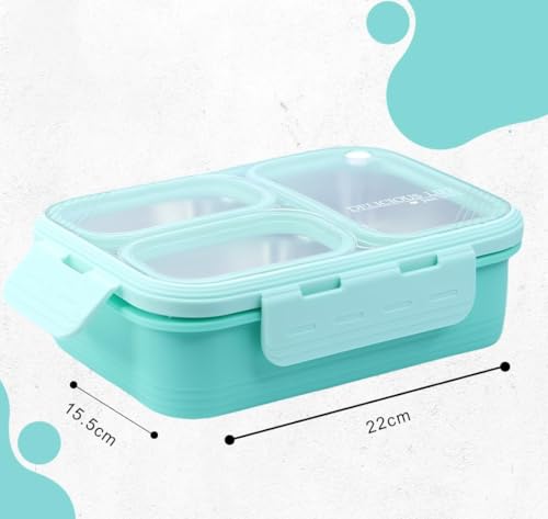 Image of Stainless Steel Lunch Box | 3-Compartment Leakproof & BPA-Free Bento Box | Insulated with Detachable Inner Containers & 4-Sided Lock | Ideal for Office, School, College & Travel | Mint Green