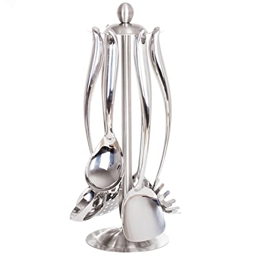304 Stainless Steel Cooking Utensils Set With Holder, 7-Pieces All Metal Kitchen Utensils With Rotating Stand, Spatula, Soup Ladle, Skimmer Spoon, Slotted Spatula Tunner, Spaghetti Spoon, Large Spoon #TOP3
