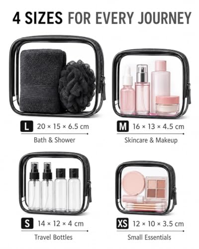 Image of LETGO Clear Makeup Bag,Portable Travel Toiletry Bags with Zipper,TSA Approved Clear Organizer Bags,PVC Cosmetic Pouch for Airport Airline CompliantCompliant (Black, Pack of 4)