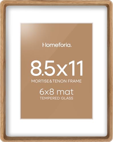 Homeforia 8.5x11 Picture Frame Light Wood, Mortise & Tenon Natural Oak 8.5 x 11 Photo Frames with Mat 6 by 8 for Wall or Tabletop, 11x8.5 Wooden Frame Matted to 6x8, Tempered Glass, Wall Kit, Set of 1