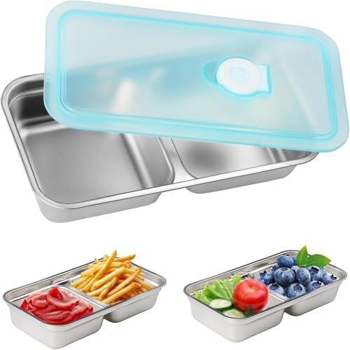 Image of Sinbyuer Stainless Steel Snack Containers, 2 Compartment Bento Box with Lids - Reusable, Leakproof, for Snacks Dips Travel and Outdoor Camping (1)
