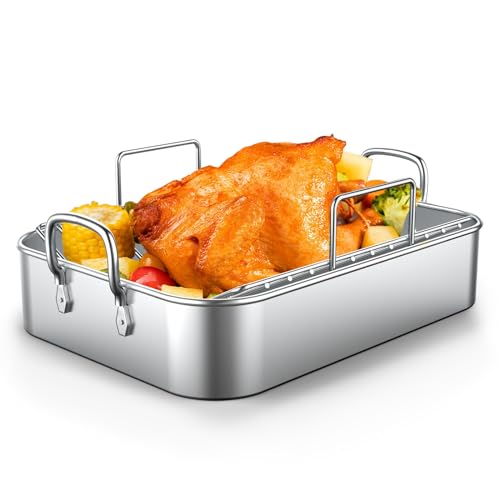 Roasting Pan, Deedro 17*13 Inch Stainless Steel Turkey Roaster with Rack - Deep Broiling Pan & V-shaped Rack & Flat Rack, Non-toxic & Heavy Duty, Great for Thanksgiving Christmas Roast Chicken Lasagna by Deedro - Used condition - US$26.18