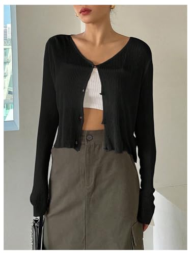 Floerns Women's Ribbed Knit Long Sleeve Button Front V Neck Cardigan Crop Top4