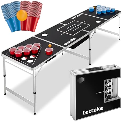 tectake Table de Beer Pong Beer Ball Blitz Pliable et Transportable en Aluminium avec Compartiment à Glace, Jeux à Boire, 6 Balles Ping Pong et 100 gobelets...