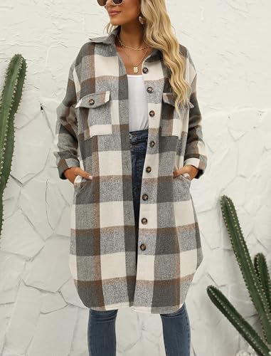 Jhsnjnr Damen Oversize Flanell Hemdjacke mit Knöpfen Warm Langarm Winterjacke Lang Revers Karierte Mantel