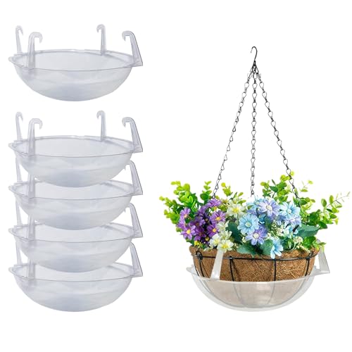 Curtis Wagner Plastics Wire Coco Hanging Basket Drip Pans (5-Pack) | Clear, Round (12” - 14
