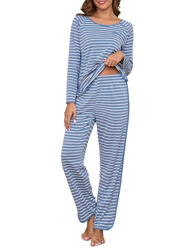 Namatime Conjunto de pijama de algodón de 2 piezas para mujer, conjunto de pijama de manga larga a rayas, cómodo, ropa de dormir con bolsillos, Azul (Dusty Blue), XL