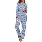 Womens Cotton Pajama Sets Stripe 2 Piece Lounge Set Long Sleeve Comfy Pj Sets Fall Loungewear Sleepwear with Pockets