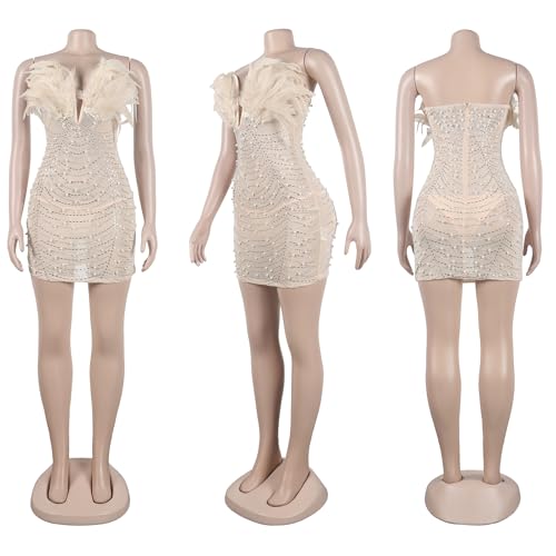 Image of PORRCEY Ladies Sexy Rhinestone Beaded Mesh See Through Off Shoulder V Neck Feather Party Club Night Mini Dress(K2737,Beige,L)