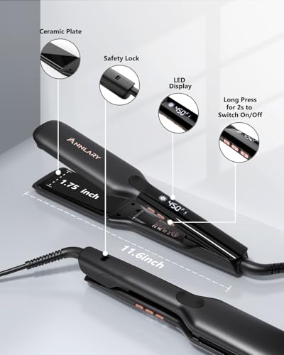 Image of Annlary 1.75 Inch Hair Straightener, Professional Titanium Plate with Ceramic Coating Ionic Dual Voltage Flat Iron with Heat-Resistant Silicone, for Less Frizz, Shinier & Smoother Hair